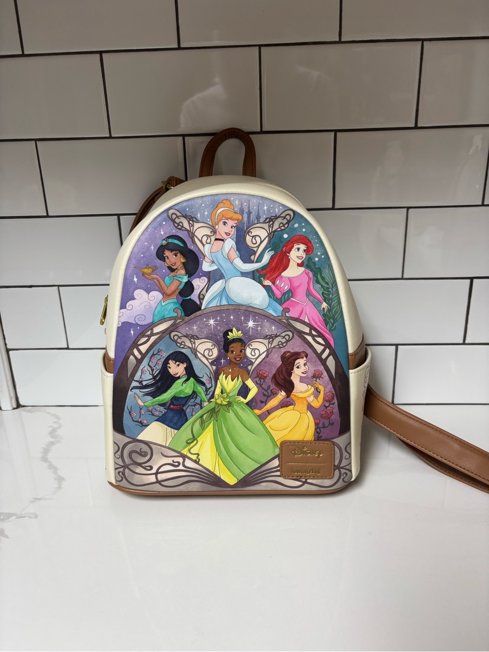 Disney Cream Mini Loungefly Backpack with Colorful Princess Print